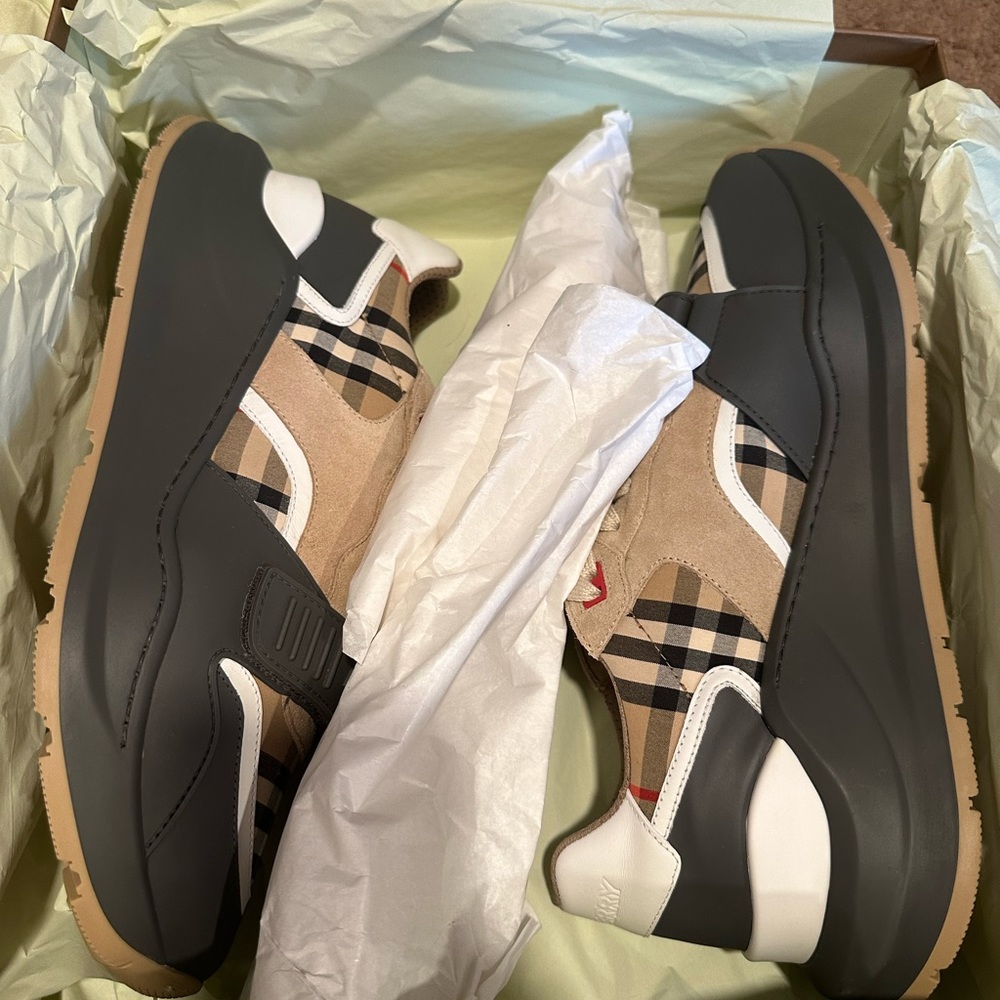 Burberry check, suede and leather sneakers - Picture 11 of 14
